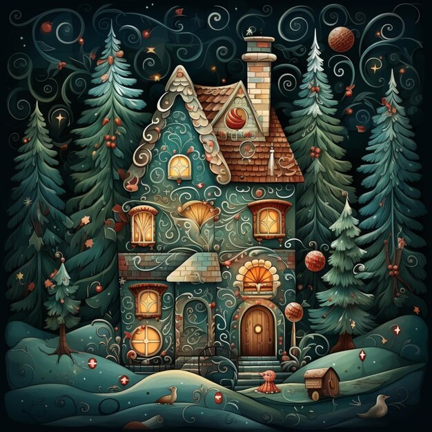 Ilustración de una casa en el bosque con un árbol de Navidad generativo ai