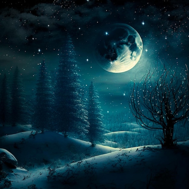 Ilustración de una casa en un bosque nocturno entre árboles altos a la luz de la luna