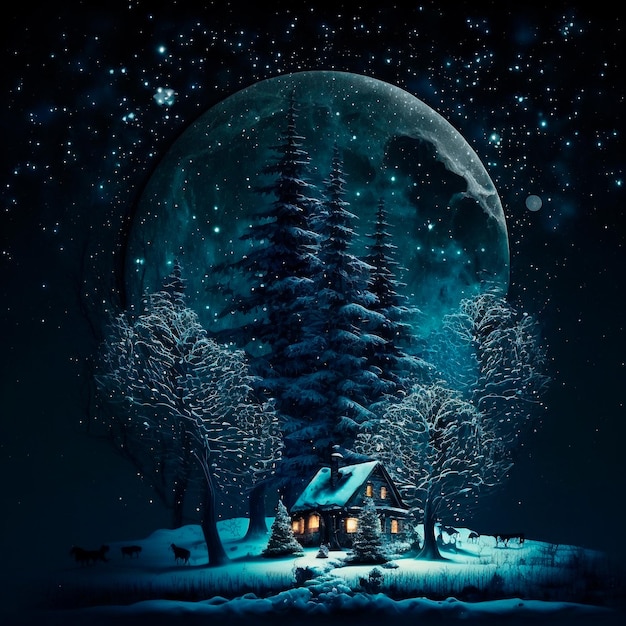 Ilustración de una casa en un bosque nocturno entre árboles altos a la luz de la luna