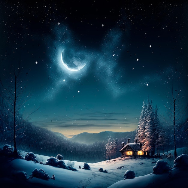 Ilustración de una casa en un bosque nocturno entre árboles altos a la luz de la luna