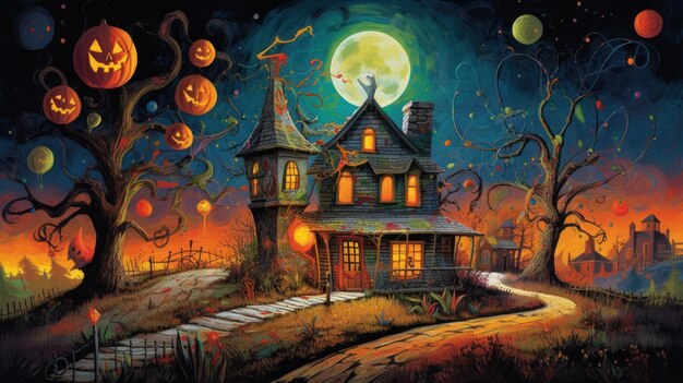 Ilustración de una casa embrujada en tonos coloridos de miedo y horror de Halloween