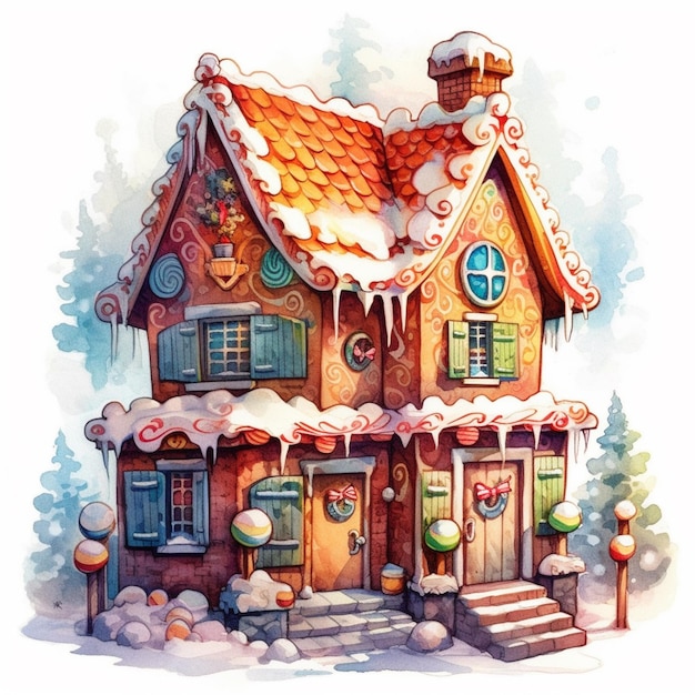 Foto ilustración de una casa de jengibre con un techo cubierto de nieve y una chimenea generativa ai