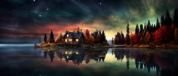 Ilustración de una casa en el medio de una isla en otoño
