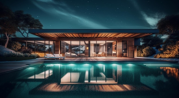 Ilustración de una casa moderna con piscina de estilo lujoso por la noche