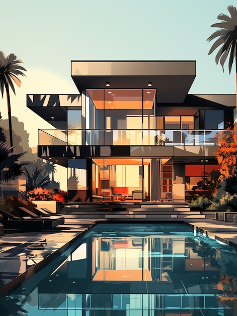 Ilustración de una casa moderna con piscina y palmeras ai generativo