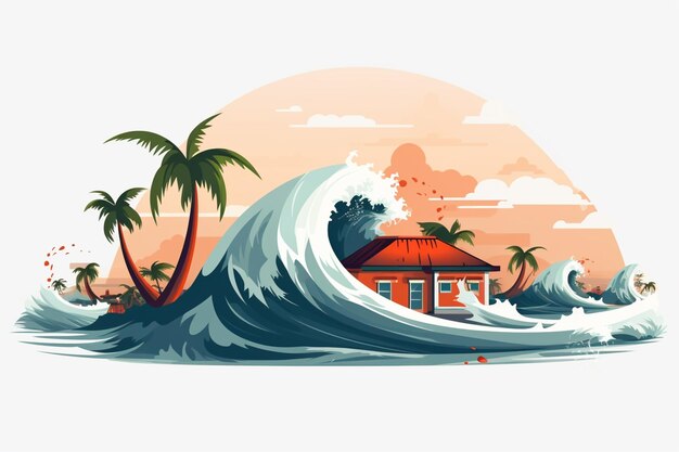 Foto ilustración de una casa en una ola con palmeras y un barco. generativo ai.