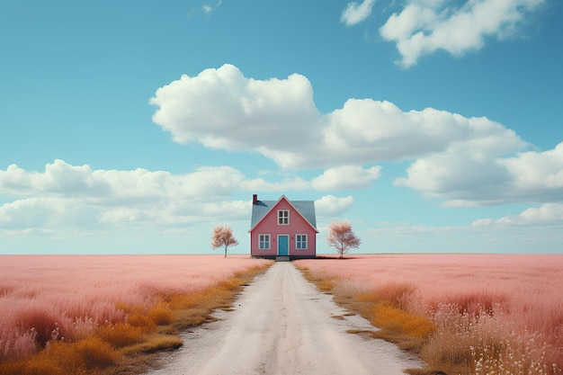 Ilustración de una casa de pie sola en medio de un campo con el vasto cielo transmite muchos