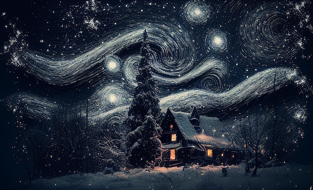 Ilustración casa de pintura al óleo y nieve en el cielo estrellado invierno Creado con tecnología de IA generativa