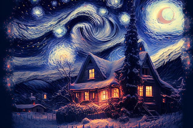 Ilustración casa de pintura al óleo y nieve en el cielo estrellado invierno Creado con tecnología de IA generativa