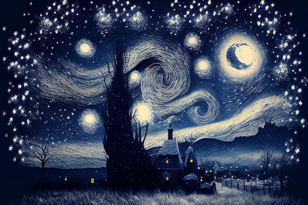 Ilustración casa de pintura al óleo y nieve en el cielo estrellado invierno Creado con tecnología de IA generativa