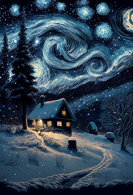 Ilustración casa de pintura al óleo y nieve en el cielo estrellado invierno Creado con tecnología de IA generativa