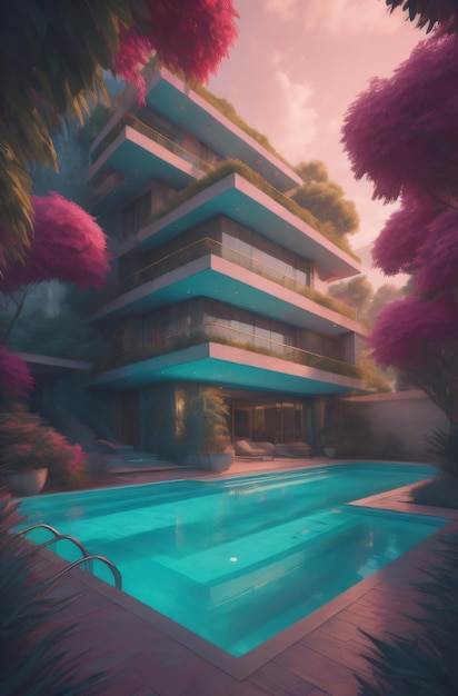 Ilustración de casa con piscina