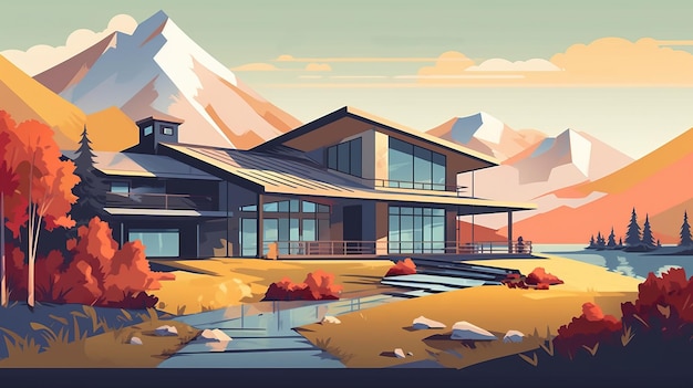 Ilustración de una casa privada moderna en estilo vectorial de colores planos
