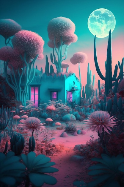 Ilustración de una casa con rosa en medio de la noche generativa ai
