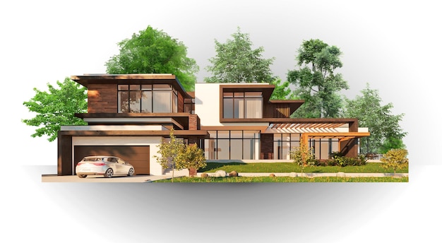 Ilustración de una casa sobre un fondo blanco. Arquitectura moderna de lujo. Casa en el fondo o