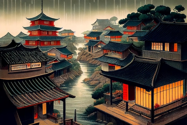 Ilustración de casas chinas tradicionales ciudad china antigua IA generativa