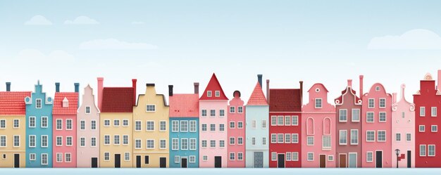 Ilustración de casas de la ciudad con montañas Casas una al lado de la otra en una fila generativa ai