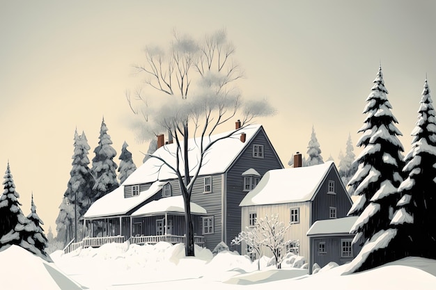 Ilustración de casas nevadas y un árbol en la temporada de invierno