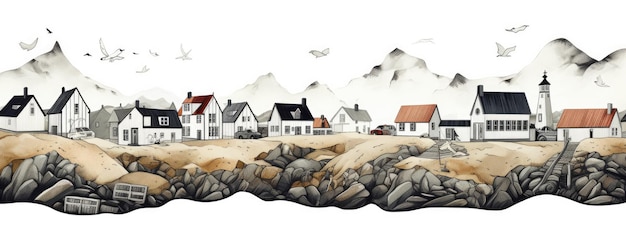 Ilustración de casas tradicionalmente escandinavas con naturaleza típica noruega Generativa ai