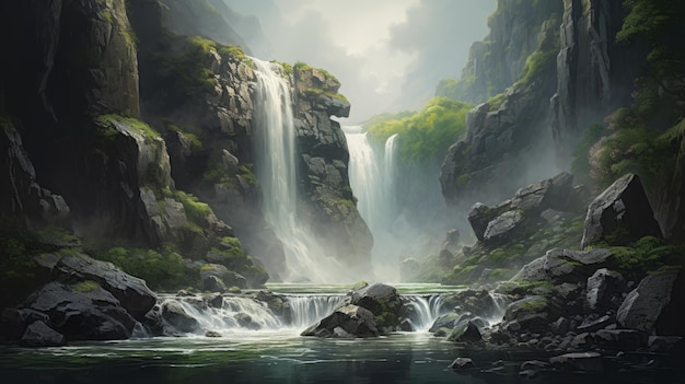 Ilustración de una cascada serena al estilo de Andreas Rocha