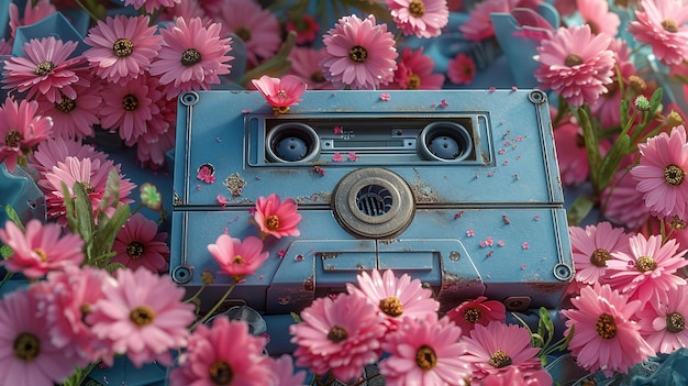 Ilustración de un cassette de música retro cubierto de flores