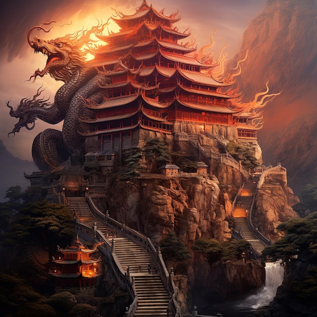Foto ilustración de un castillo de estilo chino en una colina custodiada por un gran
