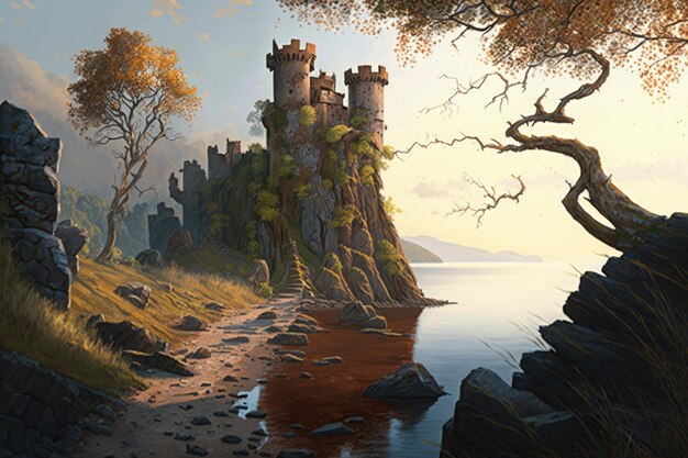 Ilustración de castillo medieval en una colina concepto de fantasía estilo anime IA generativa