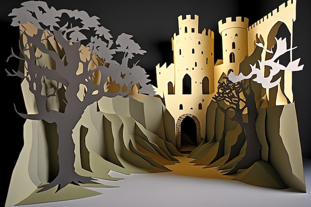 Ilustración de castillo medieval hecha con concepto de fantasía de fondo recortado de papel IA generativa