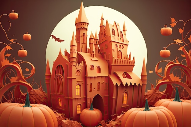 Ilustración de un castillo de princesas y calabazas en un fondo naranja de Halloween