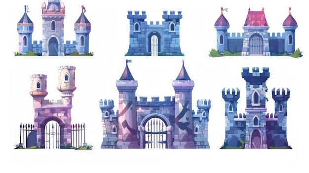 Una ilustración de castillos medievales sobre un fondo blanco La ilustración muestra torres de castillo muros de piedra ventanas góticas y barras de hierro en las puertas de un reino de cuentos de hadas