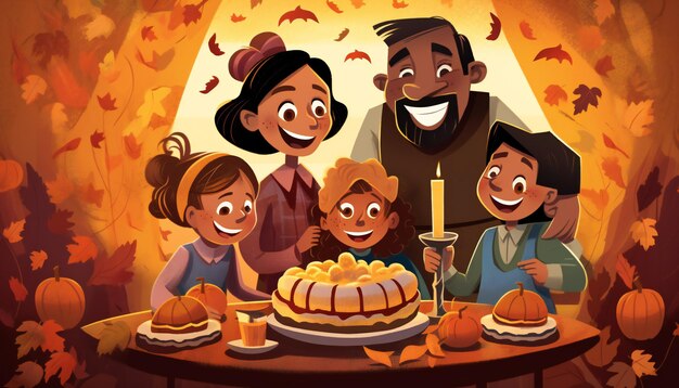 Ilustración de celebración familiar del día de acción de gracias