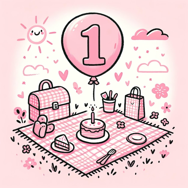 Foto ilustración de la celebración del primer picnic de cumpleaños rosa