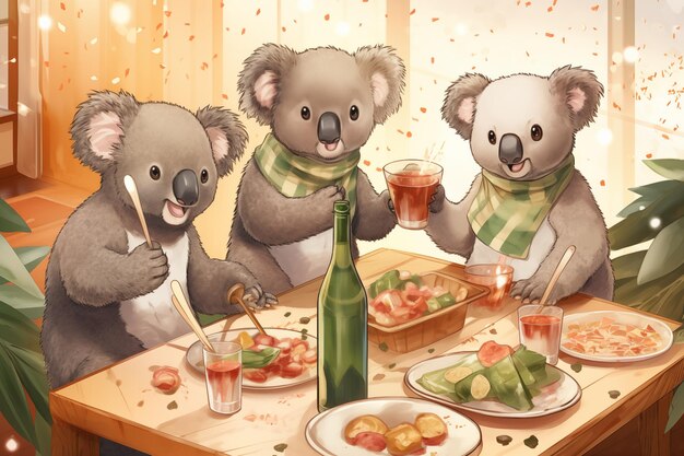 Ilustración de la celebración de la víspera de año nuevo de un animal tostando Koalas Eucalyptus