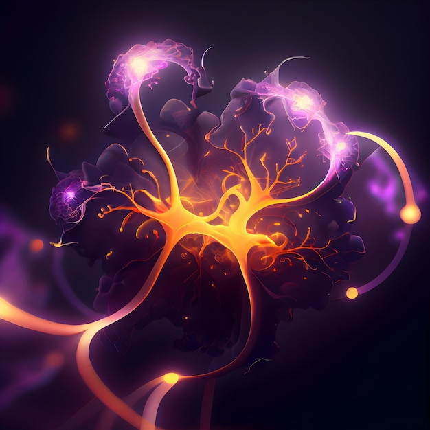 Ilustración de una célula nerviosa humana con luz brillante en el centro
