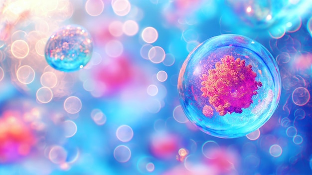 Ilustración de células microscópicas coloridas con vibrantes efectos bokeh en un entorno científico abstracto