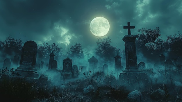 Una ilustración de un cementerio por la noche con una luna en un cielo nublado y murciélagos