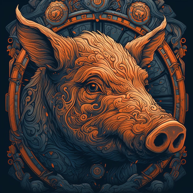 Ilustración de un cerdo sobre un fondo naranja con un patrón ornamentado en impresionismo y fantasía IA generada IA generativa IA generativa