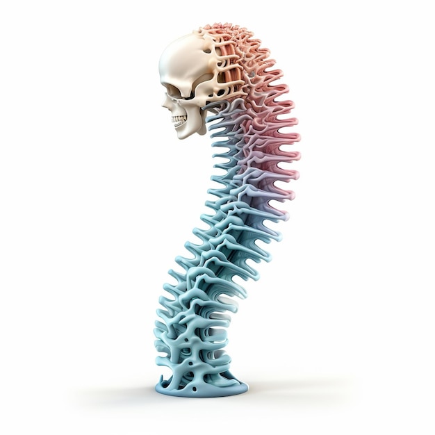 Foto ilustración del cerebro y la columna vertebral aislado sobre un fondo blanco.