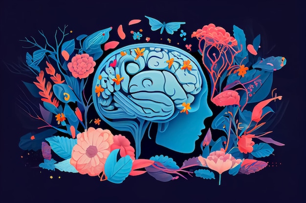 Ilustración del cerebro humano con flores Día Mundial de la Salud Mental y Física