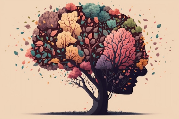Ilustración de un cerebro humano en forma de árbol adornado con flores que representan el autocuidado y la salud mental IA generativa
