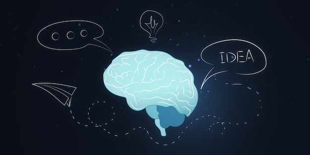 Ilustración del cerebro humano con símbolos creativos en fondo oscuro Renderización 3D