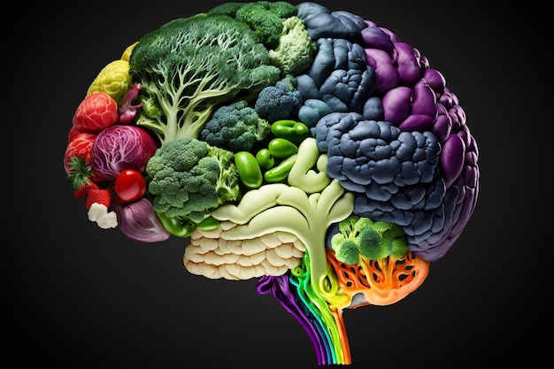 Ilustración de un cerebro vegano hecho de verduras sobre fondo negro