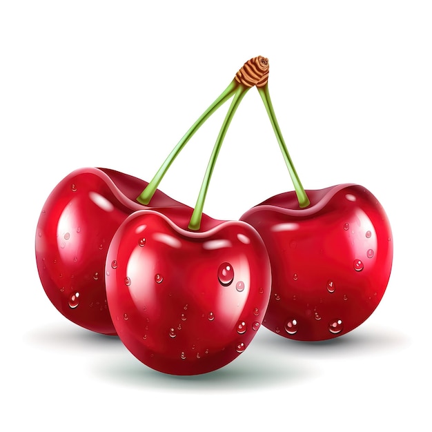 Ilustración de cerezas gemelas con gotas de rocío en un fondo sin costuras