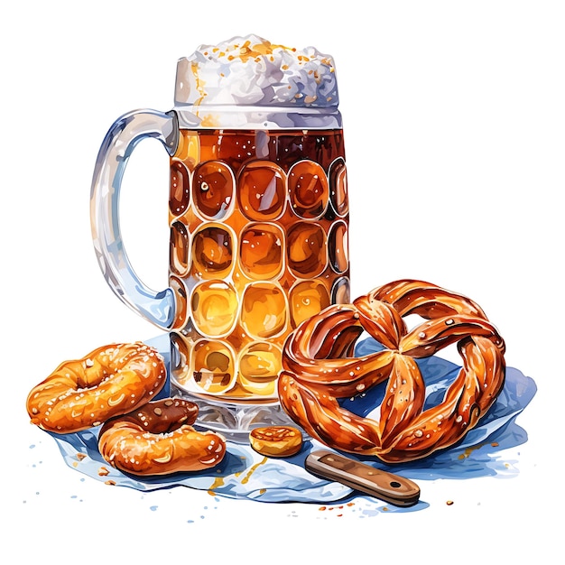 Ilustración de una cerveza bávara y pretzels