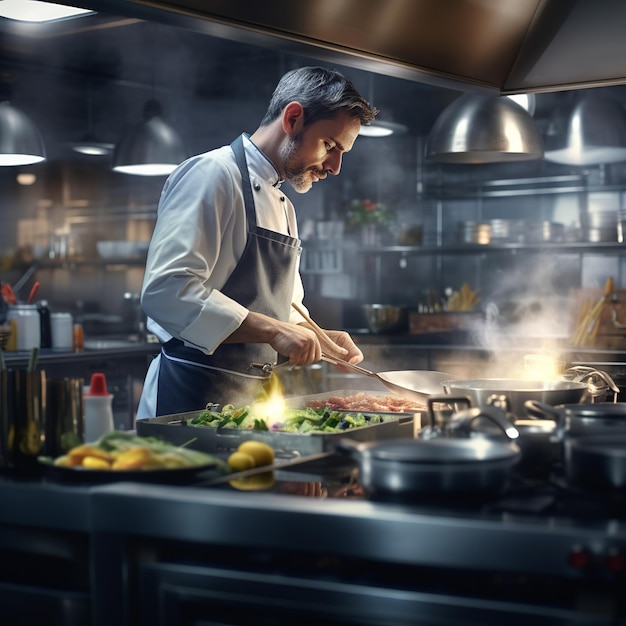 Ilustración del chef preparando comida en una gran cocina profesional.