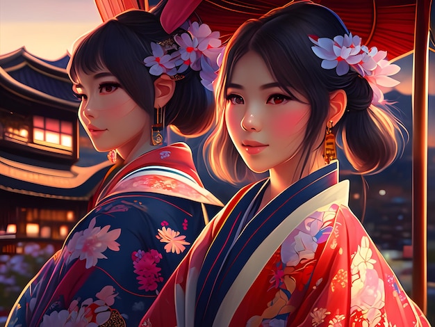 Ilustración de una chica de anime con kimono