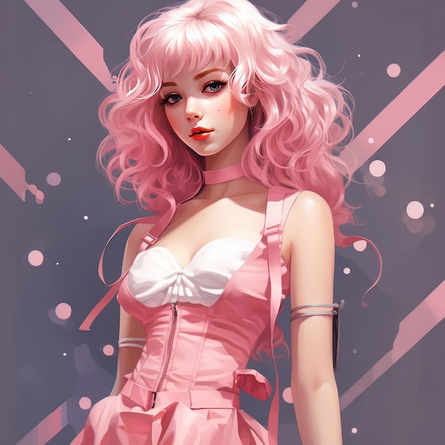 Ilustración de chica anime vestida con un vestido rosa.