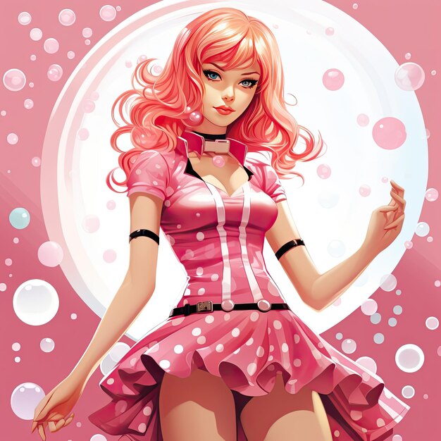 Ilustración de chica anime vestida con un vestido rosa.