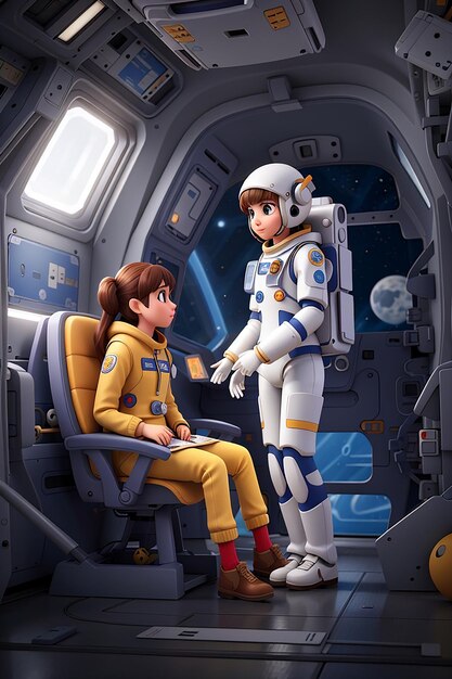 Ilustración de una chica astronauta y un robot en la nave espacial