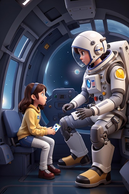 Ilustración de una chica astronauta y un robot en la nave espacial
